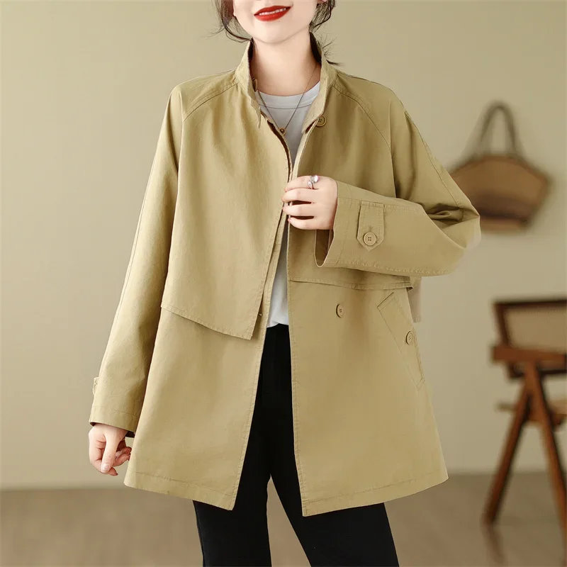 

Fashion Casual Trench Coat for Women 2024 New Spring Autumn Mid Length Loose Cardigan Jacket Woman Korean Stand-up Collar Coat