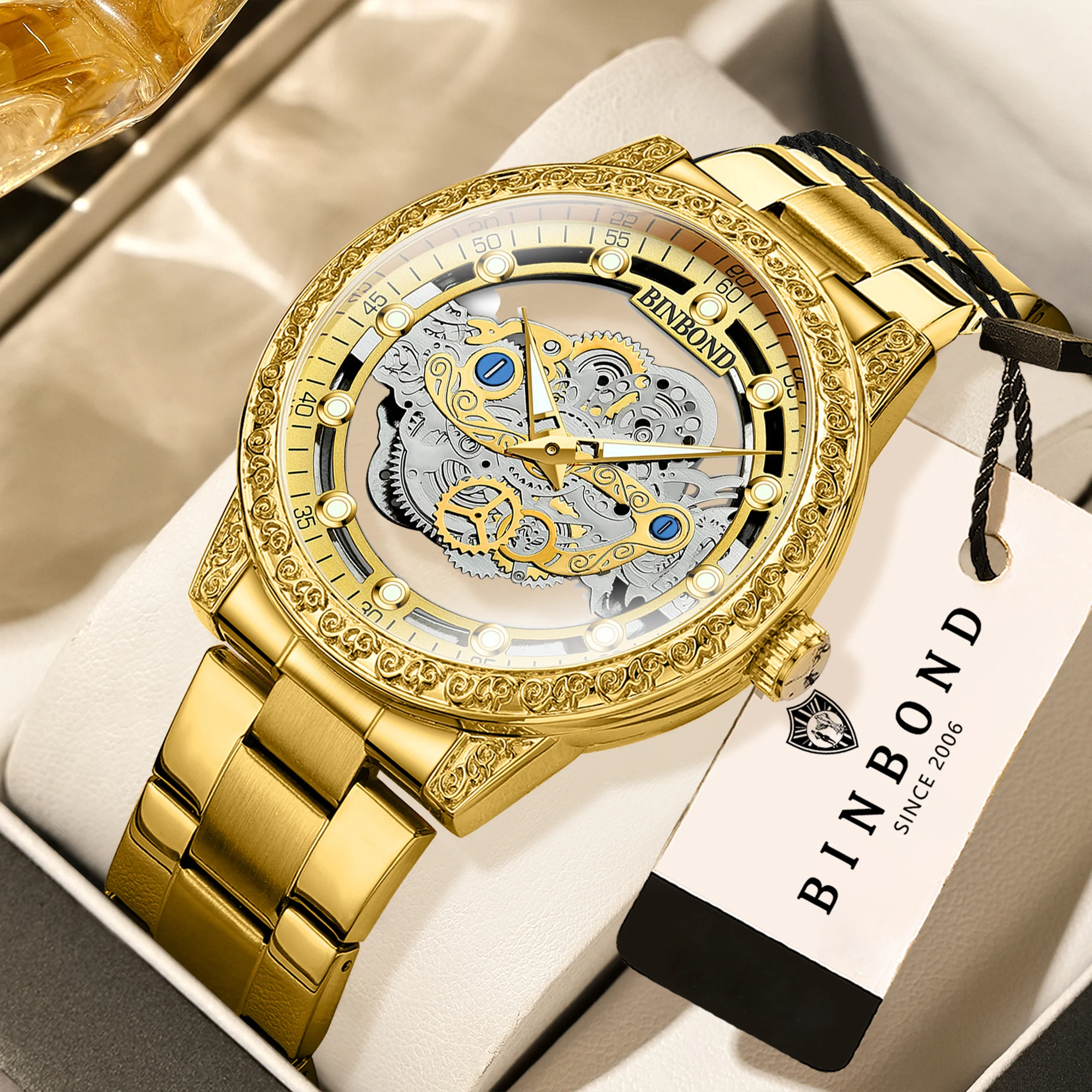 

BINBOND Quartz Watches for Men Luxury Vintage Hollow-Out Precise Men's Watch Luminous Waterproof Casual Durable Business Reloj