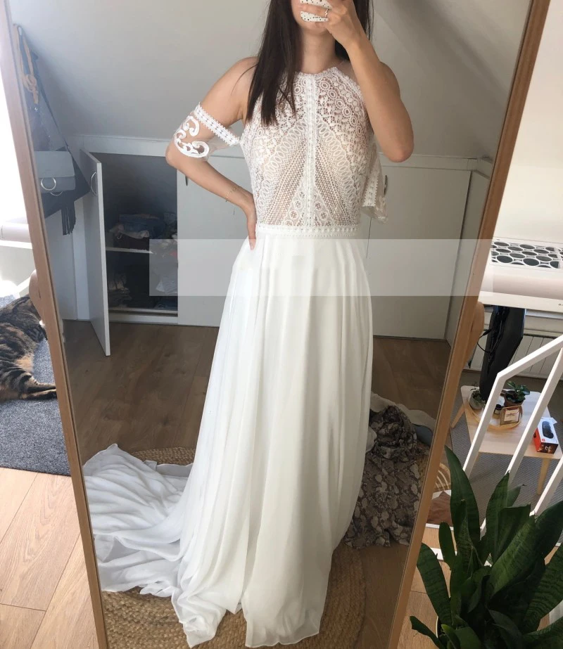 Elegante Echte Foto 'S 2024 Nieuwe Design Afneembare Korte Mouw Hoge Hals A-Lijn Chiffon Zomer Trouwjurk Vestidos De Novia