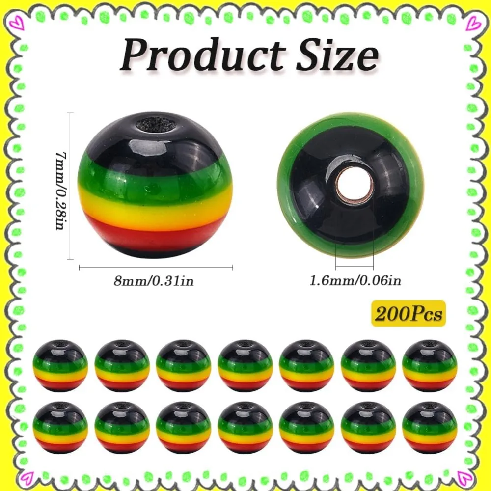 200Pcs Jamaica Beads Striped Bead Bulk 8mm Black Red Green Yellow Resin Round African Reggae Style Mini Loose Spacer kit image 2