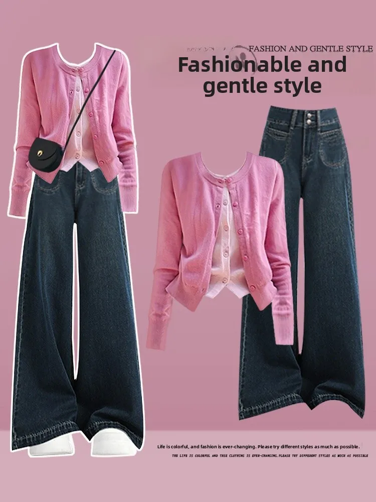 

Korean Style plus Size Spring Set Women's Elegant Fake Two-Piece Knitted Top High Waist Slimming Vintage Jeans Two-Piece Set