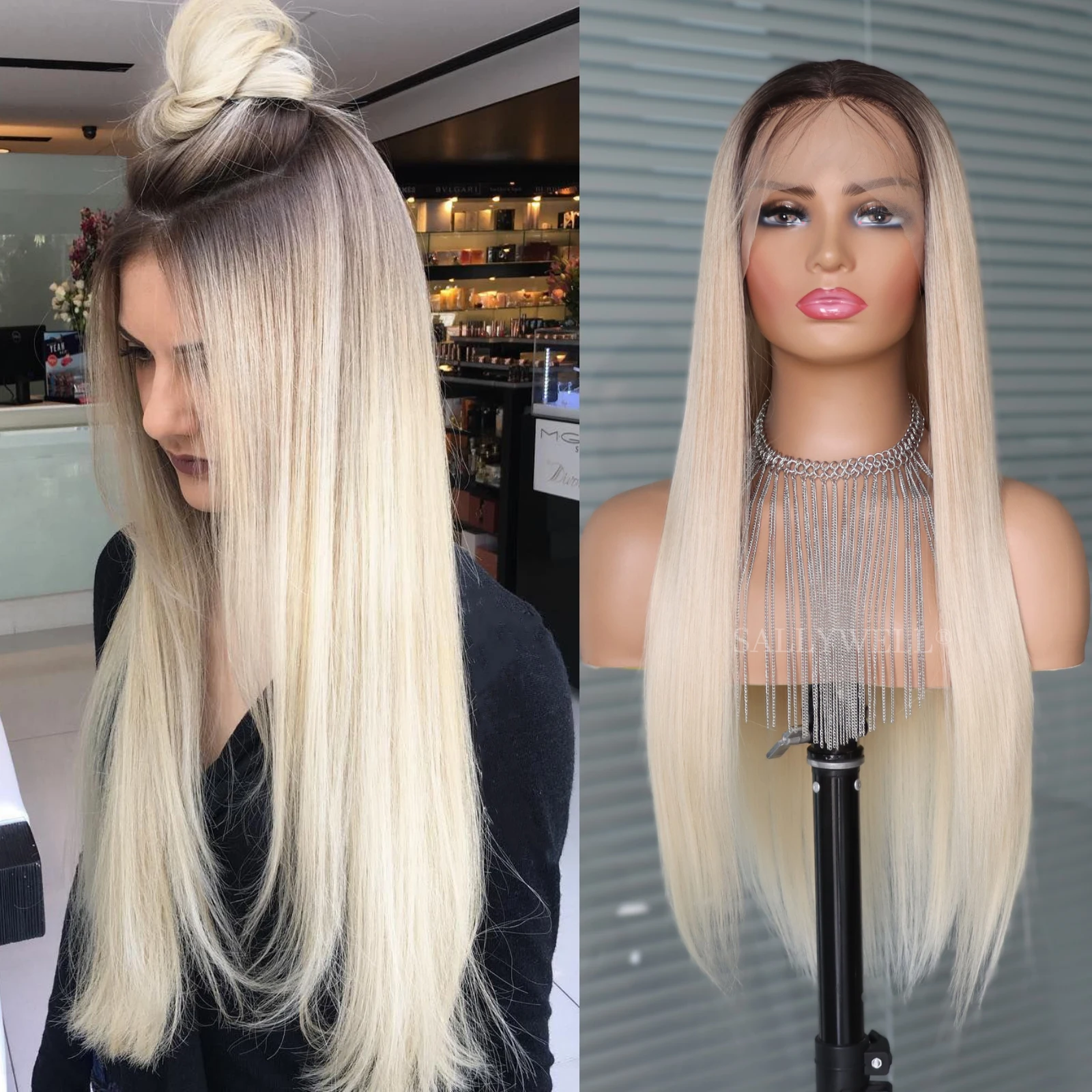 Long Straight Ombre Blonde 3T White Synthetic Lace Front Wigs Dark Roots Blonde Synthetic Lace Wig 24\