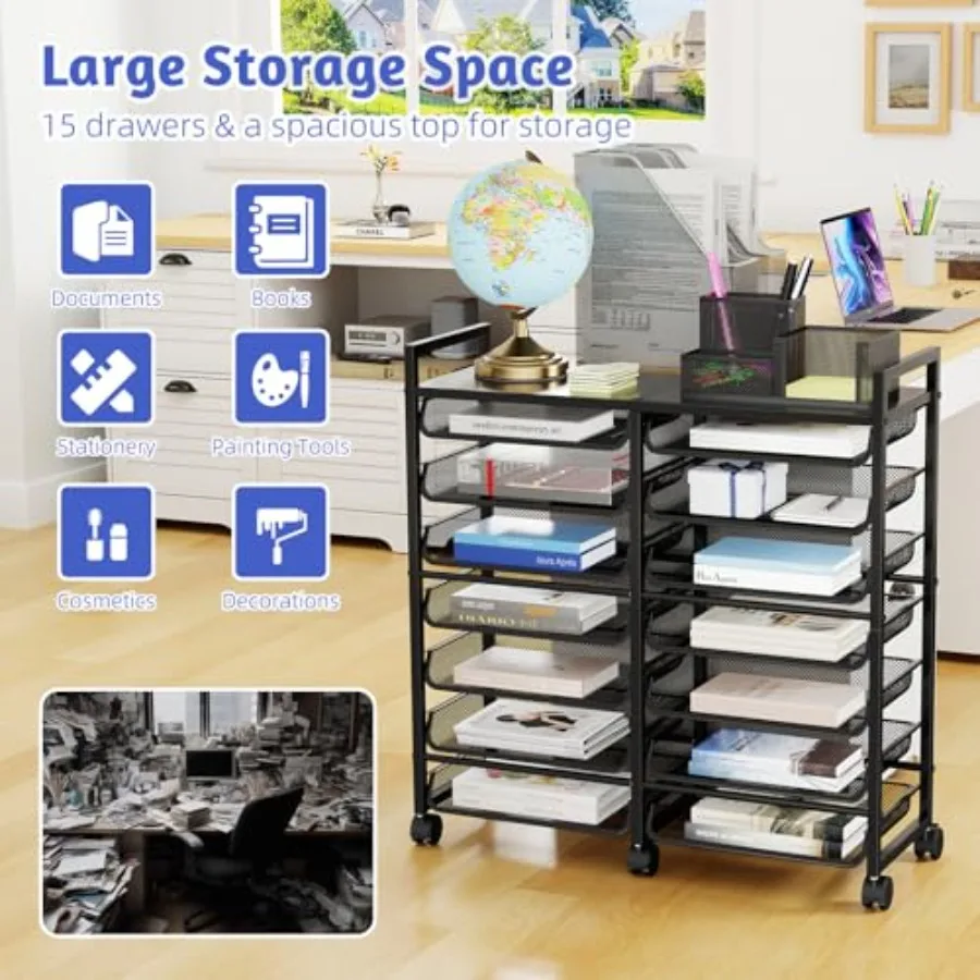 Rolling File Storage Cart 15-Tier Metal Desk File Organizer with 14 Mesh Sliding Trays Multi-Functional Clutter Cart for Office