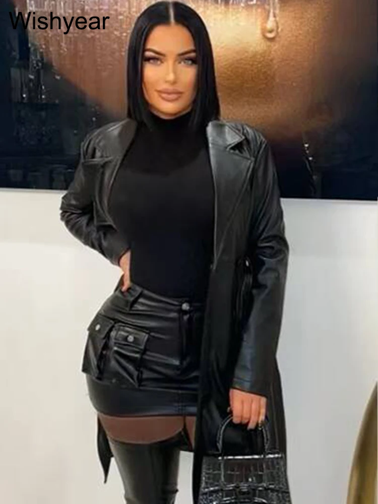 

Vintage Women PU Leather Black Jacket Elegant Lapel Collar Long Sleeves Coat with Sashes Sexy Cool Girls Streetwear Outwear y2k