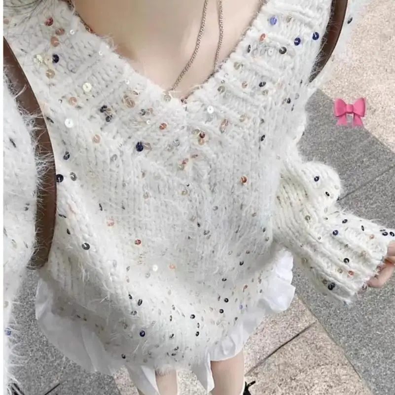 

Sweet Pullover Sweater Lazy Style Sequined V-Neck Women 2024 Autumn Winter Loose Versatile Sweater Top Ins