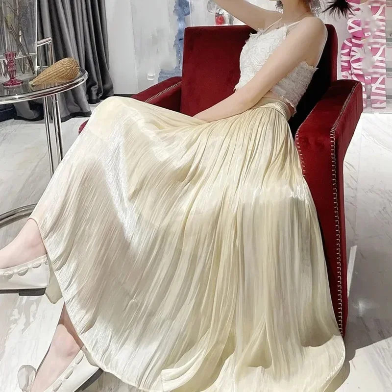 Summer Women Shiny Silky Gloss Long Skirts High Quality Elastic High Waist Skirts Woman Elegant A Line Pleated Skirt