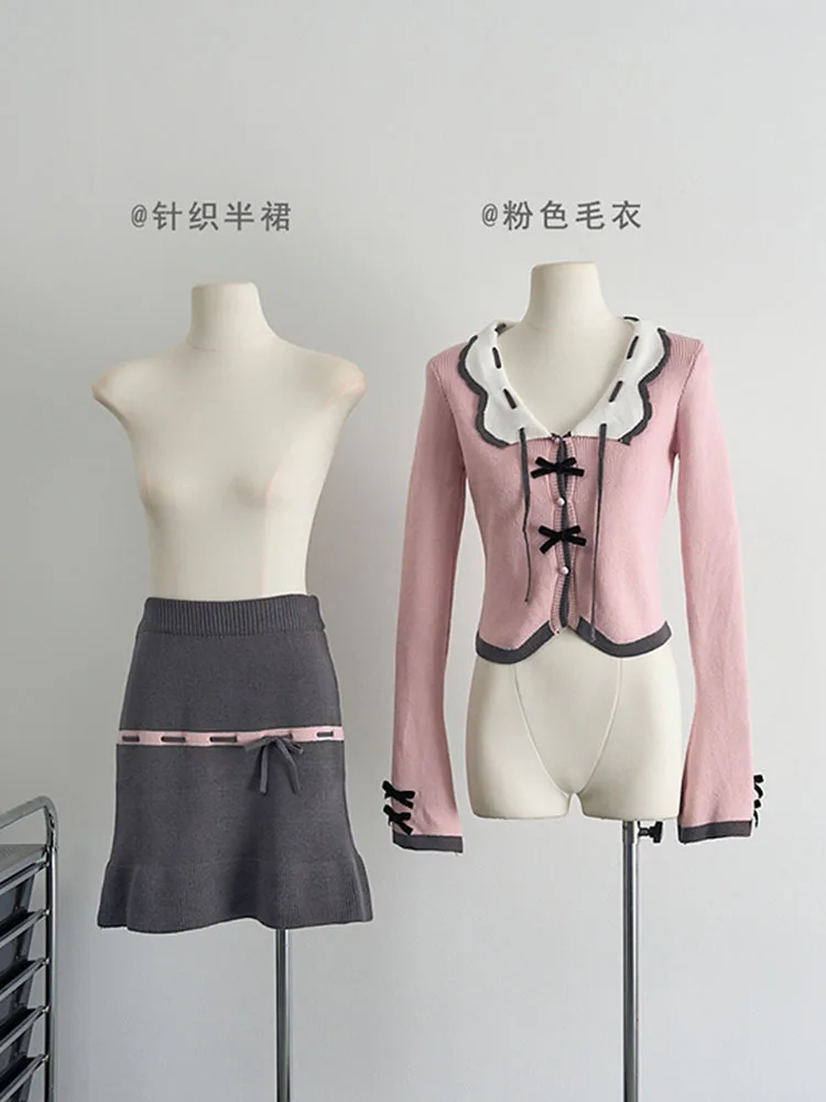 Conjunto de 2 piezas de moda japonesa para mujer, cárdigan Rosa elegante con lazo y falda acampanada de cintura elástica, estética de los años 2000