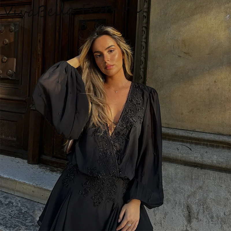 

Платье с вышивкой бисером, женское платье с v-образным вырезом, свободная плиссированная мини-юбка с длинным рукавом, короткие платья 2025 НОВЫЕ вечерние клубные сексуальные женские юбки