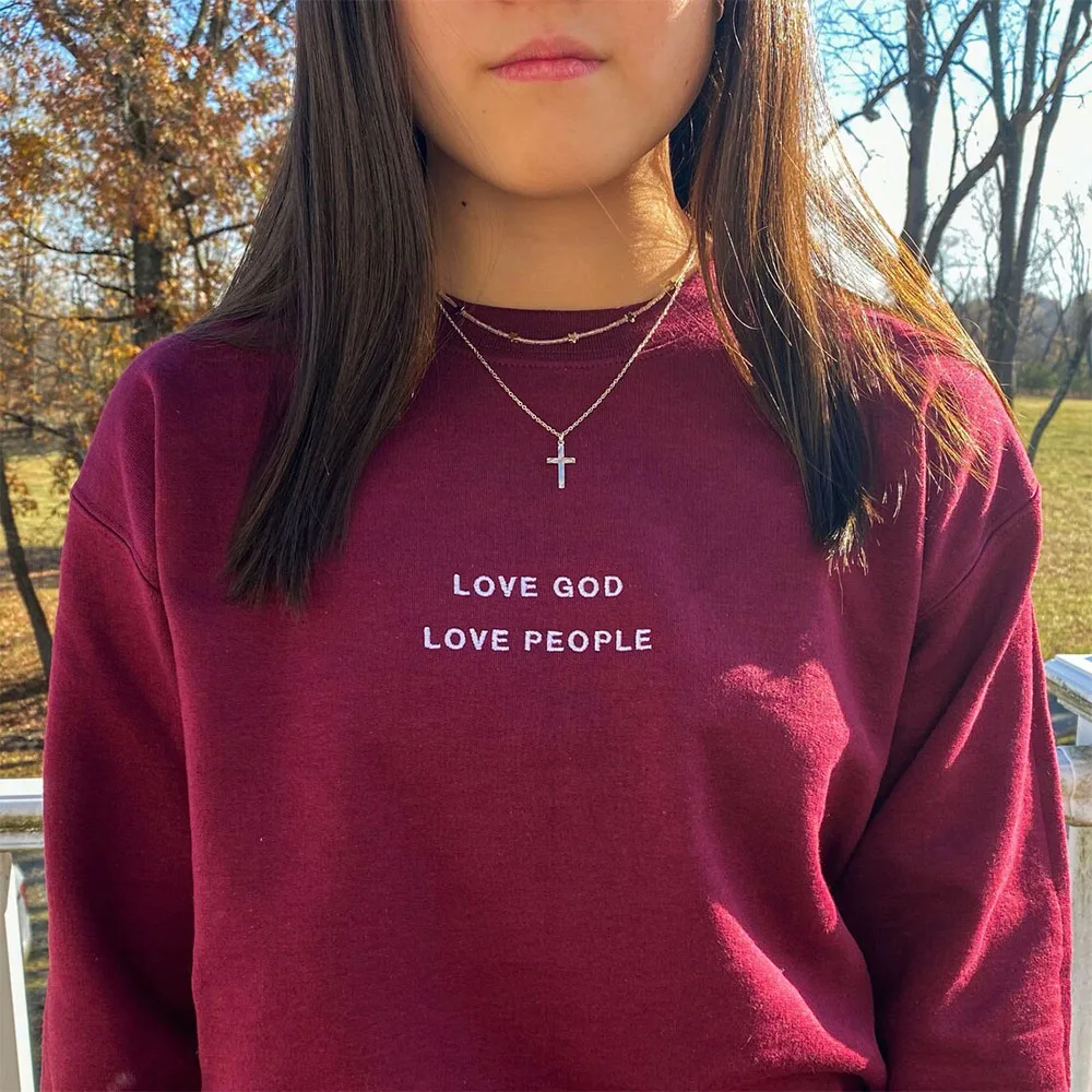 Love God Love People Letters Embroidered Slogan Unisex Men Women Loose Sweatshirts Long Sleeve Cotton Thick Warm Pullovers