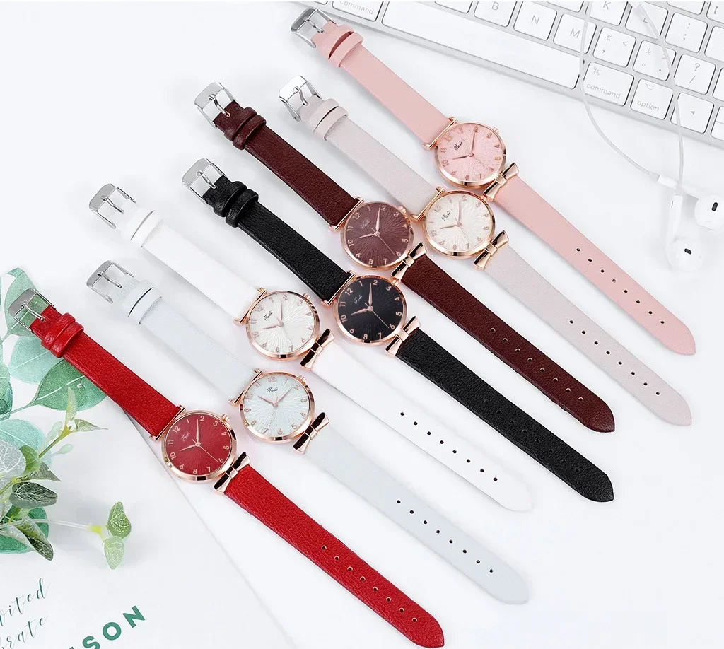 Fashion Women Watches Bracelet Necklace Earrings Ring Set Flowers Ladies Belt Watch Casual Leather Quartz Wristwatch Clock Gifts