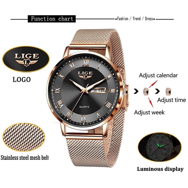 LIGE Fashion Elegant Quartz Women\'s Watch Bracelet Casual Business Clock Movement Simple Waterproof Mesh Belt Ladies Watches NEW