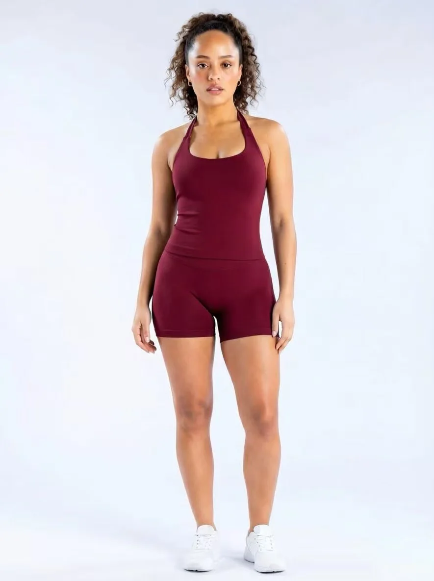 Workout Yoga 2-Teiliges Damen 3-Lagiges Neckholder Sportoutfit, Hochelastisches Nahtloses Gepolstertes Cami-Tanktop & Passende Shorts Set – Detail 16