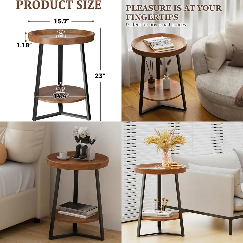 

Storage Shelf 2-Tier Farmhouse Side Table, Wooden Top & Black Metal Frame, Brown, 15.7x15.7x23 inches