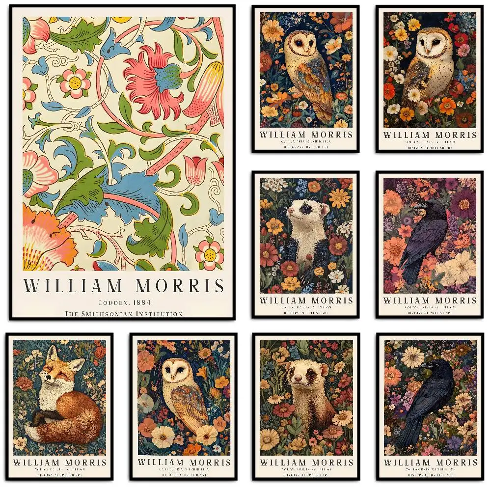 W-William Morris Flower Leaf Bird Poster HD-Kunst, klebrige Wand, wasserdicht, für Zuhause, Wohnzimmer, Schlafzimmer, Bar, ästhetische Dekoration