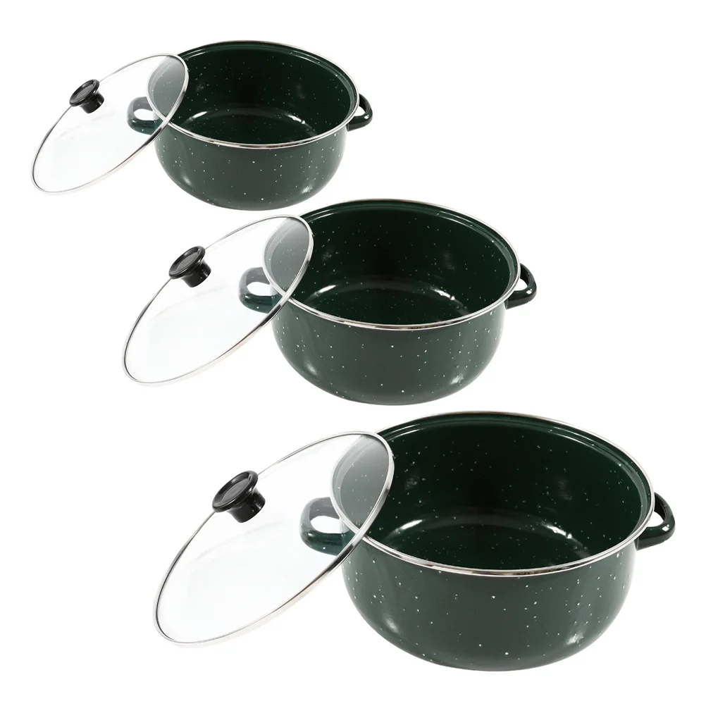 

3Pcs Kitchen Enamel Stew Pot Set Mini Stockpot Soup Cooking Pot Green Vintage Style Induction Gas Stockpot with Lid