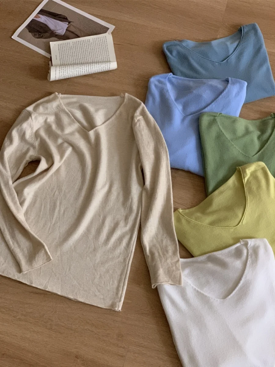 편안한 울 혼방 브이넥 티셔츠 캐주얼 출퇴근 기본 레이어링 탑 부드러운 울리 텍스처 멀티컬러 루즈핏 긴팔