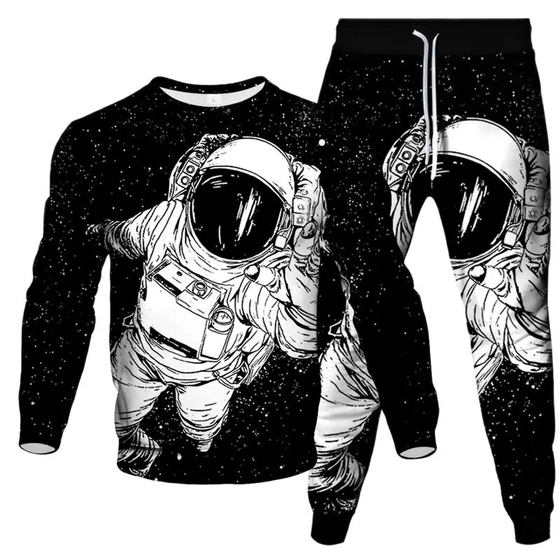 Astronaut Climb Moon Harajuku Galaxy Planet Print Men Fashion Clothing Suit Sweatpant Sweatshirt 2 Pcs Set Tracksuit Size S-6XL