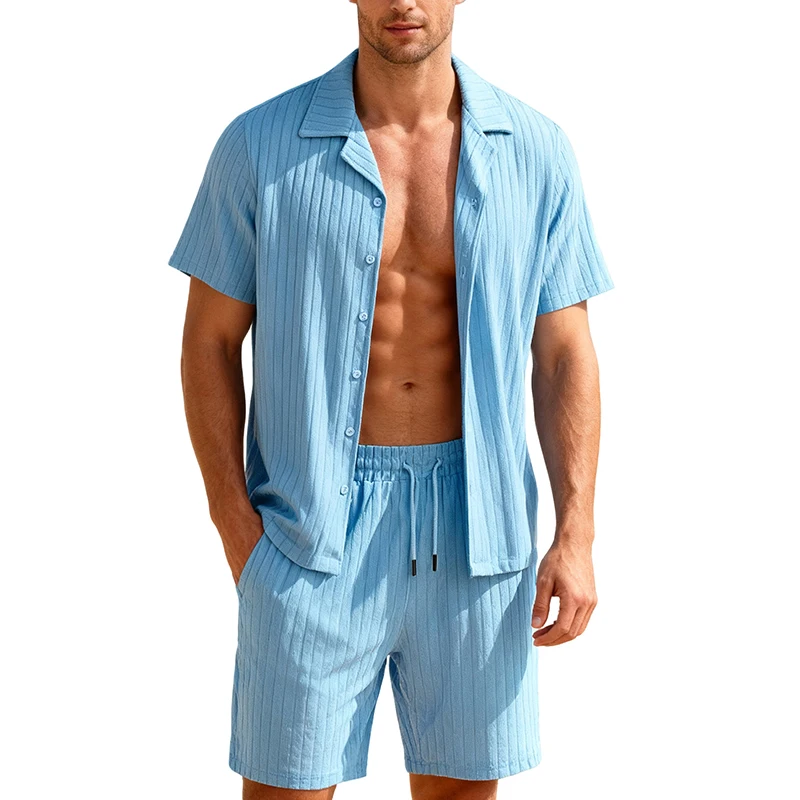

Summer Men Beach Sets Street Casual Suit Outdoor Sports Two-Piece Set Solid Button-down Shirt Shirt Drawstring Shorts Sportswear