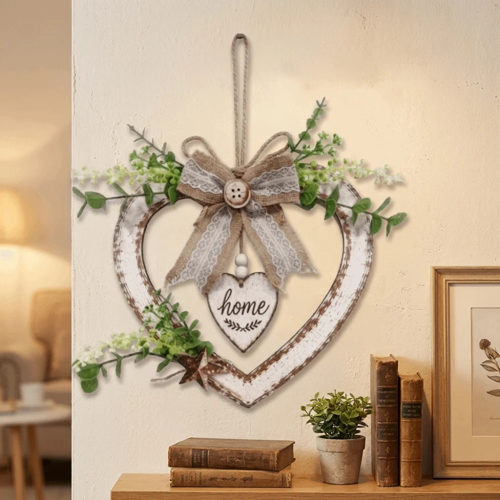 Vintage Heart Shaped Wall Decor Romantic Artificial Plant Rustic Heart Ornament Rustic Bow Knot Heart Wall Decor Farmhouse