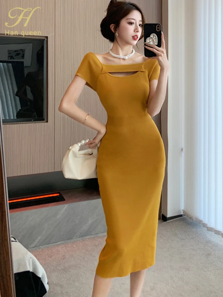 H Han Queen Summer Clothes Women 2024 Simple Vintage Dresses Office Bodycon Pencil Sheath Midi Dress Slim Elegant Chic Vestidos