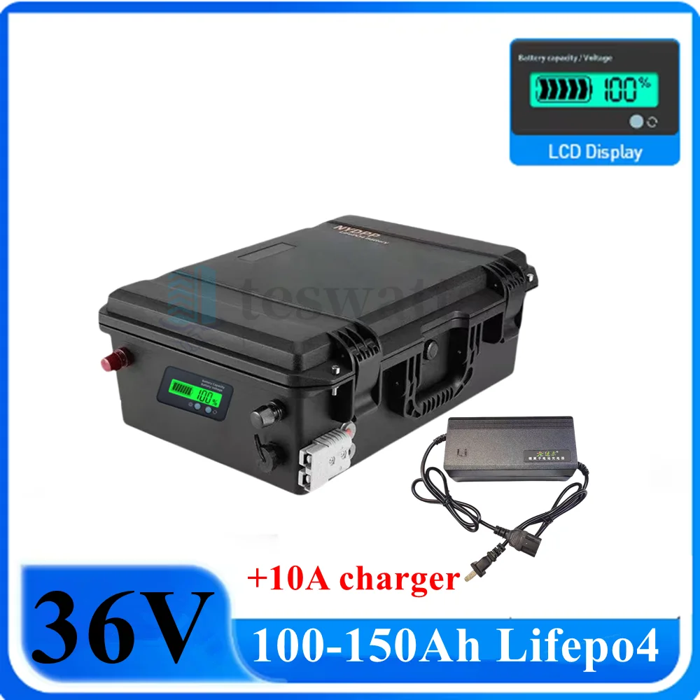 

Waterproof 36V 150Ah 100Ah 120Ah LiFepo4 lithium battery pack with BMS for fishing boats solar system motor EV RV+10A charger