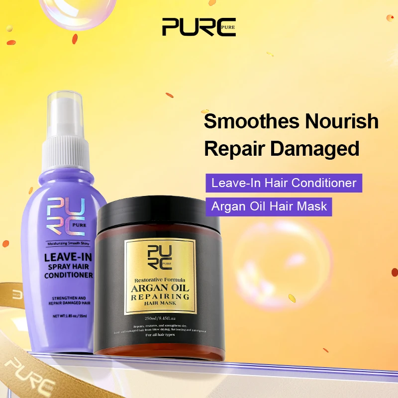 PURC 250g Morocco Argan Oil Hair Treatment Mask + 55ml Leave-In Hair Conditioner Spray for Dry Damaged Frizz Hair