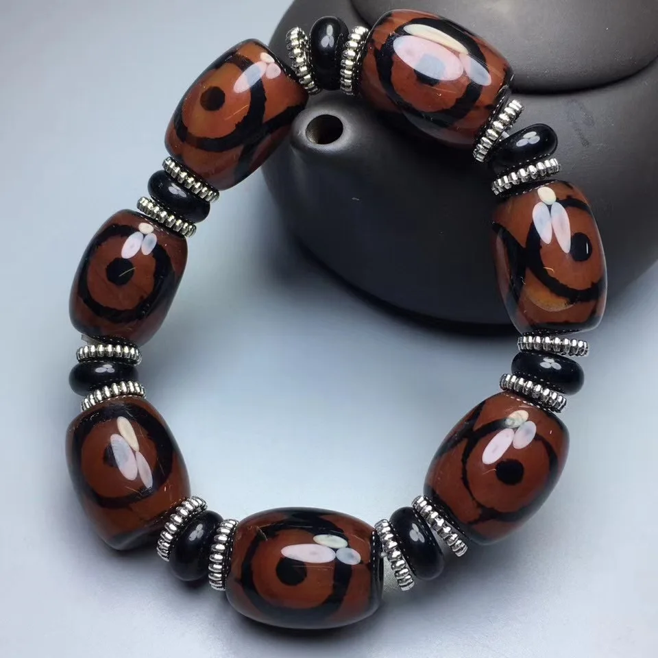 Natural Agate Three Eye Long Tube Bead Bracelet, Male and Female Buddhist Beads, National Style, Versatile Bracelet