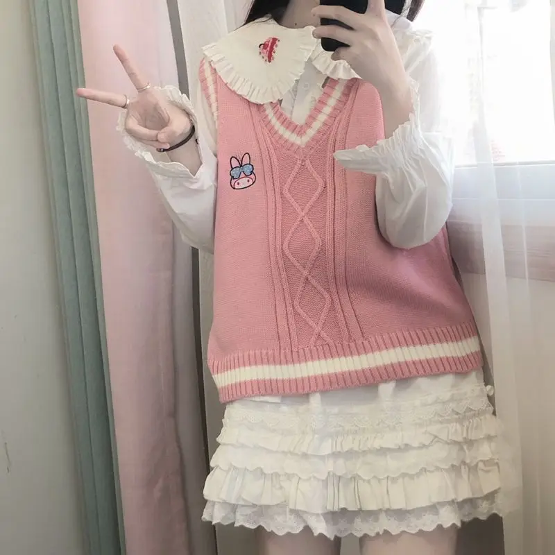 Kawaii Cinnamoroll V Neck Vest Jk Sanrio Anime Kuromi My Melody Pompompurin Preppy Autumn Sweater Student Sweet Girl Casual Cute