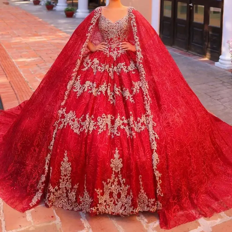 

Luxury Red With Cape Quinceanera Dresses Ball Gown Appliques Lace Beaded Off Shoulder Sweet 16 Dress Lace-up Vestidos 15 De