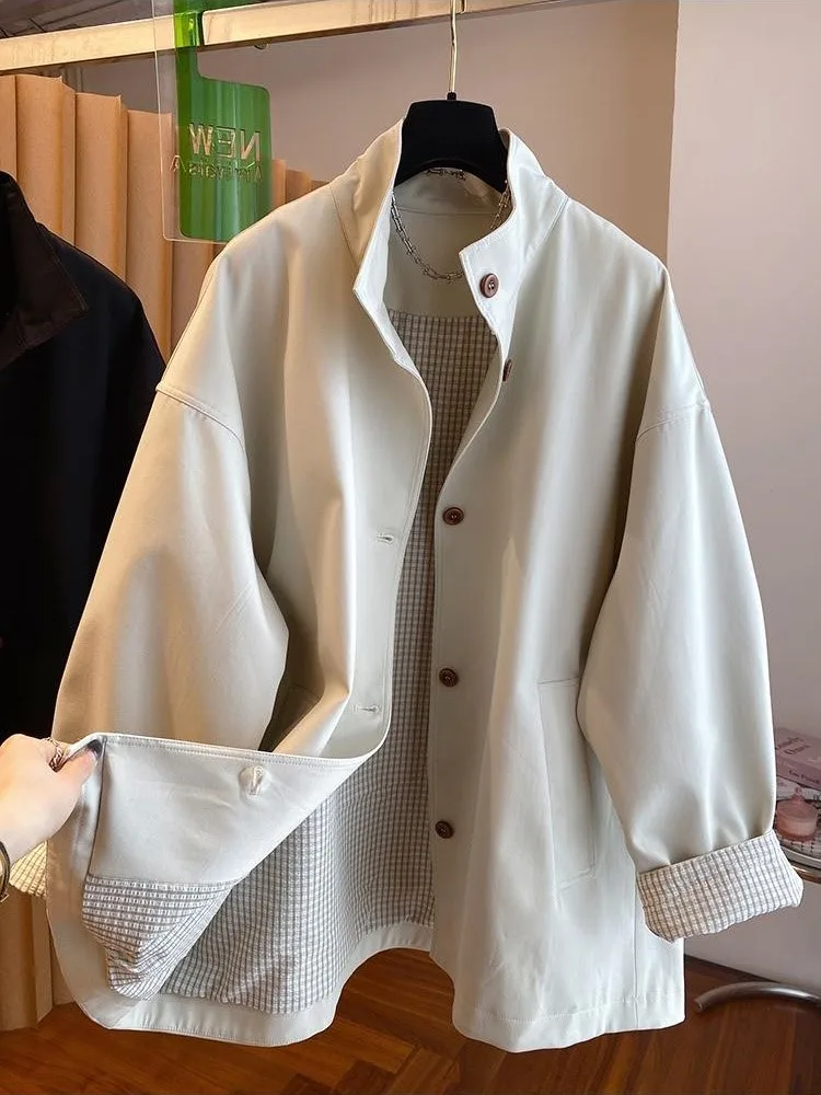 Spring Autumn Plus Size Loose Collar Plaid Jacket Coat Women New Temperament Fashion Joker Contrast Windbreaker Ladies Jackets