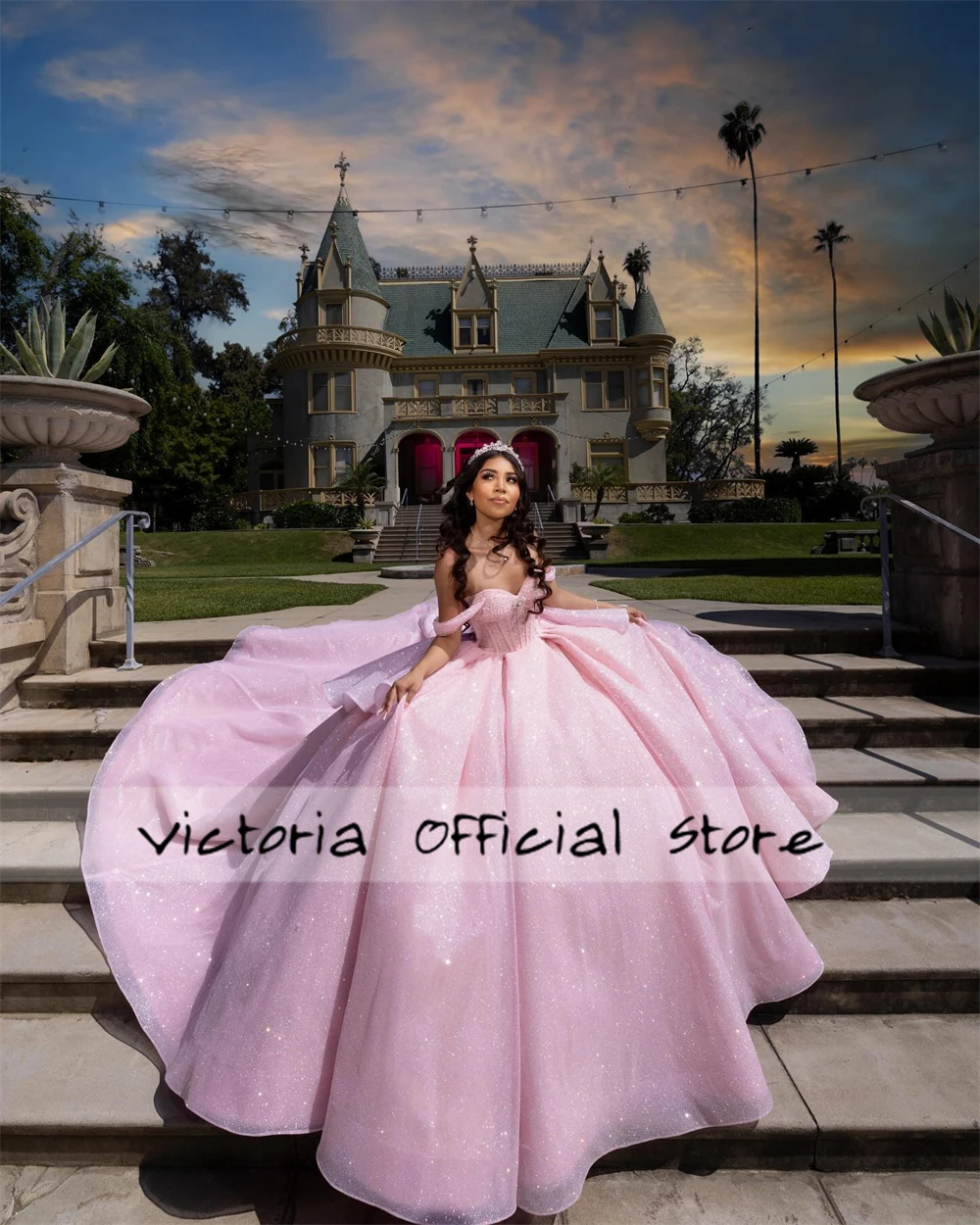 สีชมพูลูกปัดปิดไหล่ Quinceanera ชุด Puffy Ruffel Ball Gown วันเกิดลูกไม้หวาน 15 16 vestido ที่กําหนดเอง