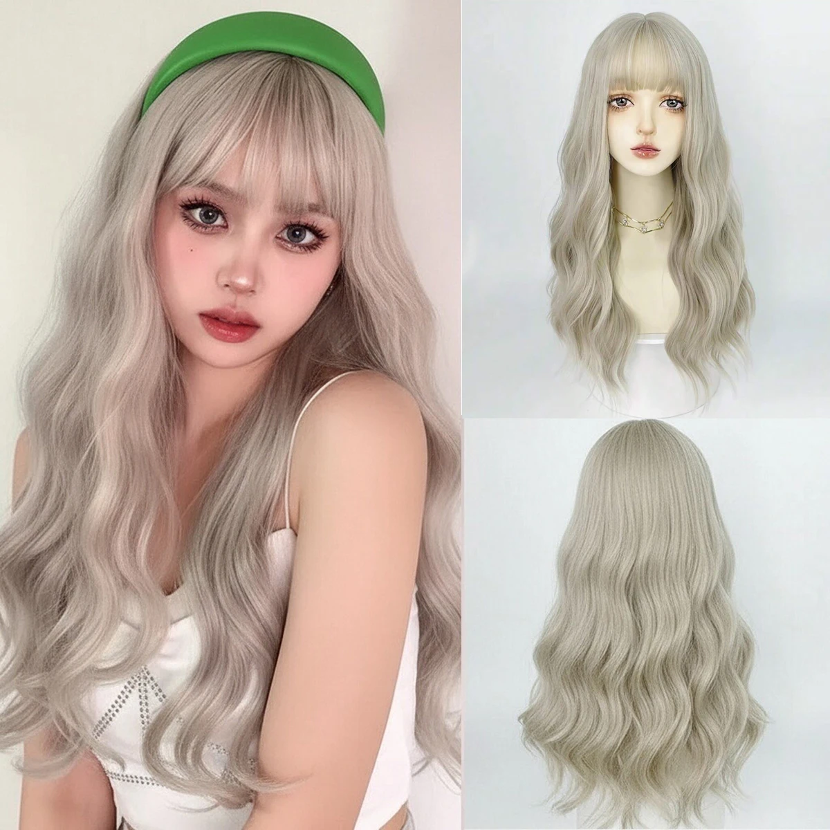 

Women's Long Wavy Lolita Wig Beige Heat Resistant Synthetic Wig With Bang for Cosplay Party Daily Wear