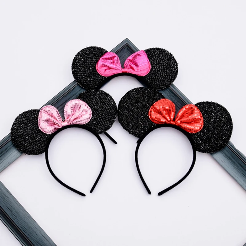 Disney Minnie Ears Black Sequin Pink Headbands Hallowee Birthday Party Ball Dress Up Supplies Favors Kids Mom Hair Accessories