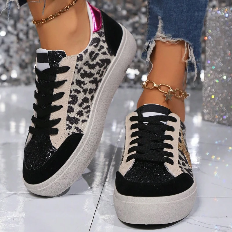 Women's Round Toe Leopard Print Casual Sneakers With Sequins Stars Decor Black Thick Bottom Lightwear Fashion Woman White Shoes