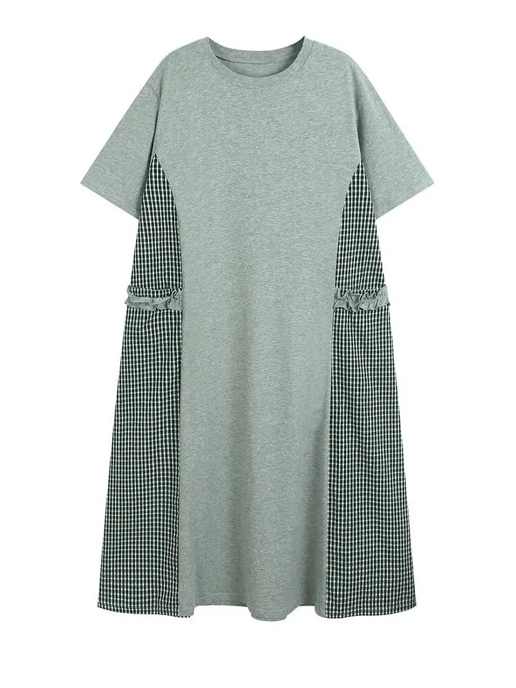 

Plaid Women Gray Ruffles Spliced Big Size Midi Dress New Round Neck Short Sleeve Fashion Spring Summer 2026 XC4S