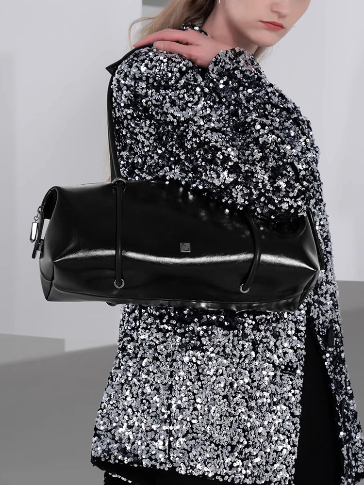 حقيبة كتف نسائية عصرية ذات سعة كبيرة من البولي يوريثان حقيبة وسادة بوسطن حقيبة صغيرة بمقبض بلون سادة وسحاب للإغلاق لحفلات العطلات #6