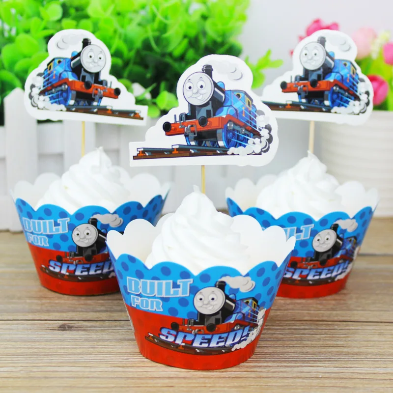 

12pcs/lot Boys Kids Favors Tomas Train Theme Cupcake Wrappers Baby Shower Decoration Birthday Party Cake Toppers