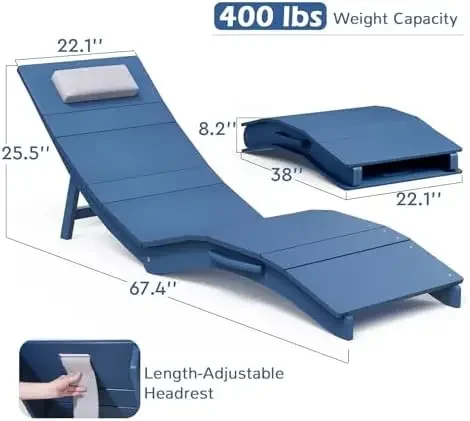 Folding Pool Lounge Chair, HIPS Outdoor Anti-Floating Recliner with Headrest, Pool Chairs for Hotel, Beach & Sun Decks
