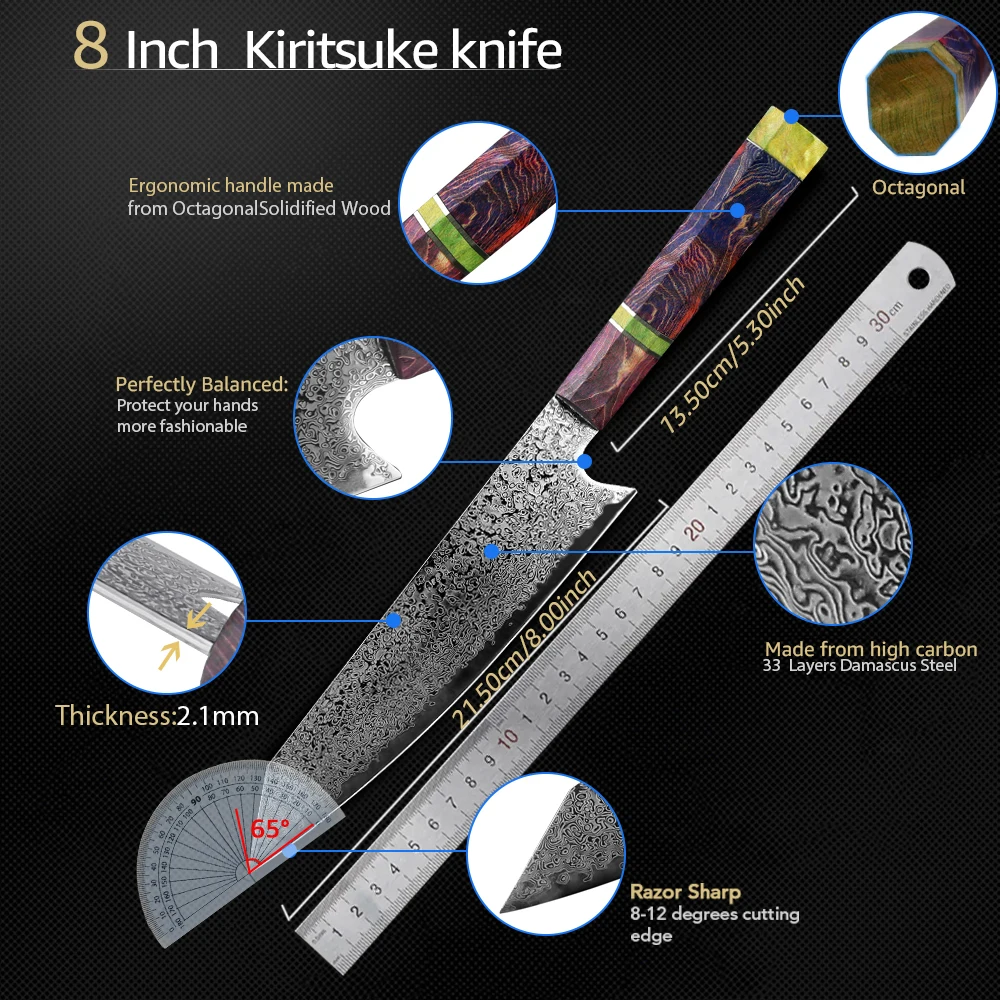 8 inch Damascus Knife Kitchen Knife Japanese Style VG10 67 Layers Stainless Steel Knives Ergonomic Handle