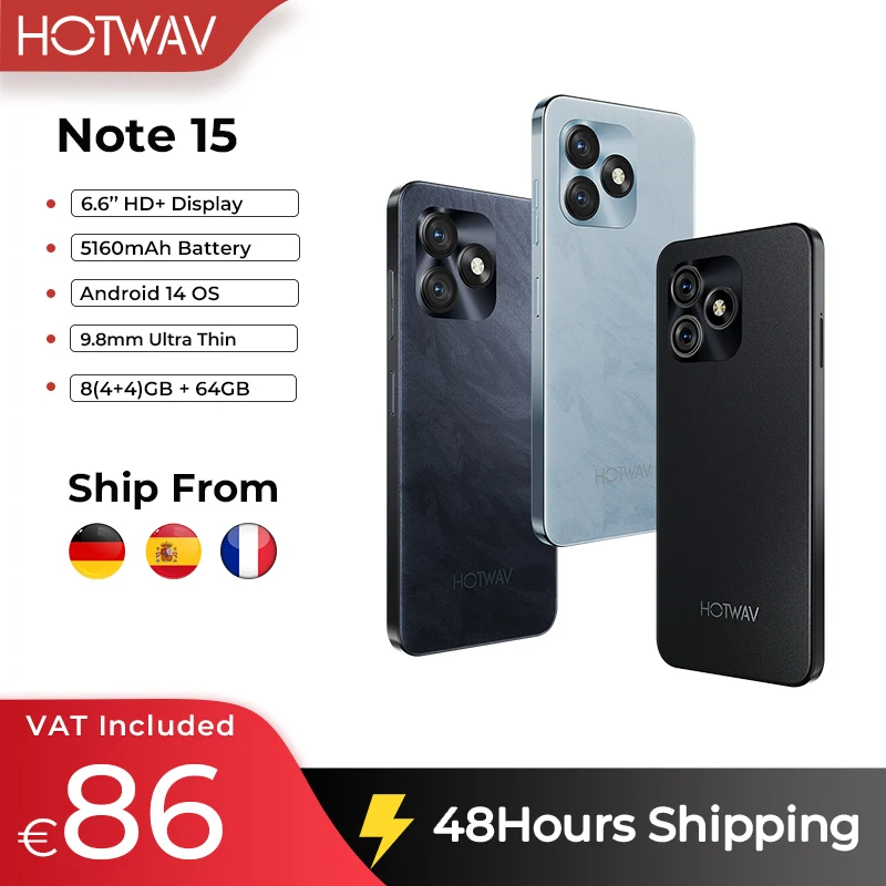 [Stock in EU]HOTWAV Note 15 Smartphone 6.6'' HD+ Display Android 14 5160mAh Mobile Phone 8(4+4)GB+64GB 13MP Ultra-Thin Cellphone