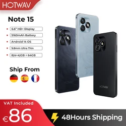 [Lagerbestand in der EU] HOTWAV Note 15 Smartphone 6,6'' HD+ Display Android 14 5160 mAh Mobiltelefon 8(4+4) GB+64 GB 13 MP ultradünnes Mobiltelefon