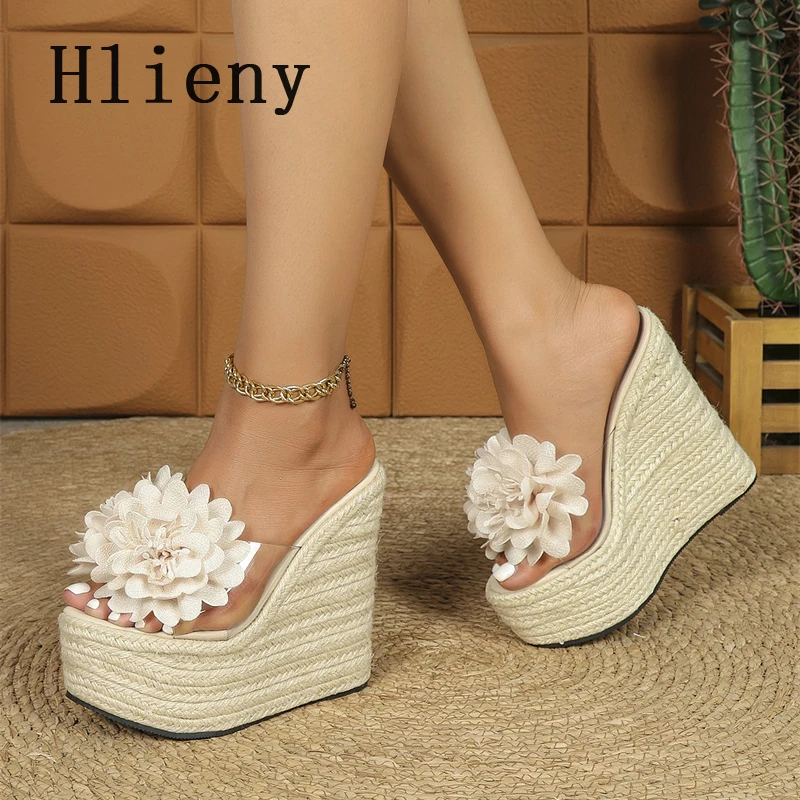 

Hlieny Summer Women Designers Platform Wedges Slippers Summer Fashion PVC Transparent Open Toe Flower Shoes High Heels Sandals