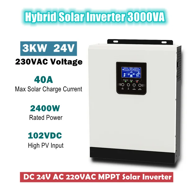 Hybrid Solar Inverter 3000VA 2400W บริสุทธิ์ Sine Wave DC 24V AC 220VAC MPPT Solar Inversor สร้าง40A solar Controller และ AC Charger