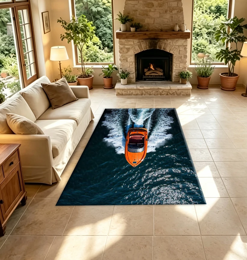 Aerial View of an Orange High-Speed Motorboat Sailing on a Dark Ocean Carpet, Waves Splashing, Natural Art Floor Carpet Suitable for Home Room Decoration