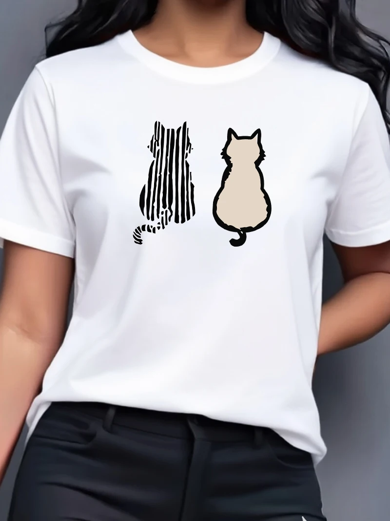 Vrouwen Zomer Twee schattige katten Print T-shirt Meisje Casual Korte Mouw Zomer Vrouwelijke Dierenkleding