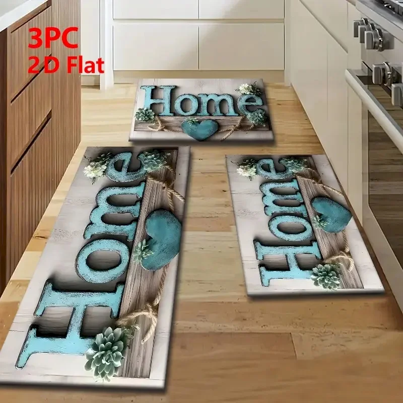 VIKAMA Home Letter Kitchen Rug Set,Non Slip Washable Anti Fatigue Mat,Wood Blue Heart Plant Entry Hall Decor Floor Rug