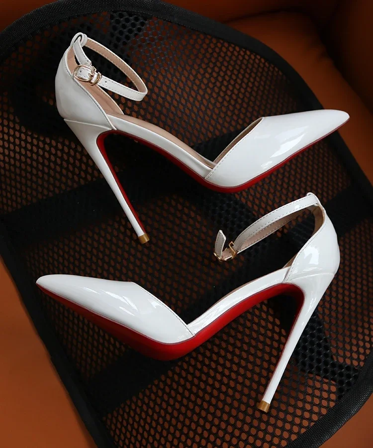 New red soled white high-heeled shoes with a straight strap for professional women, patent leather comfortable single shoes