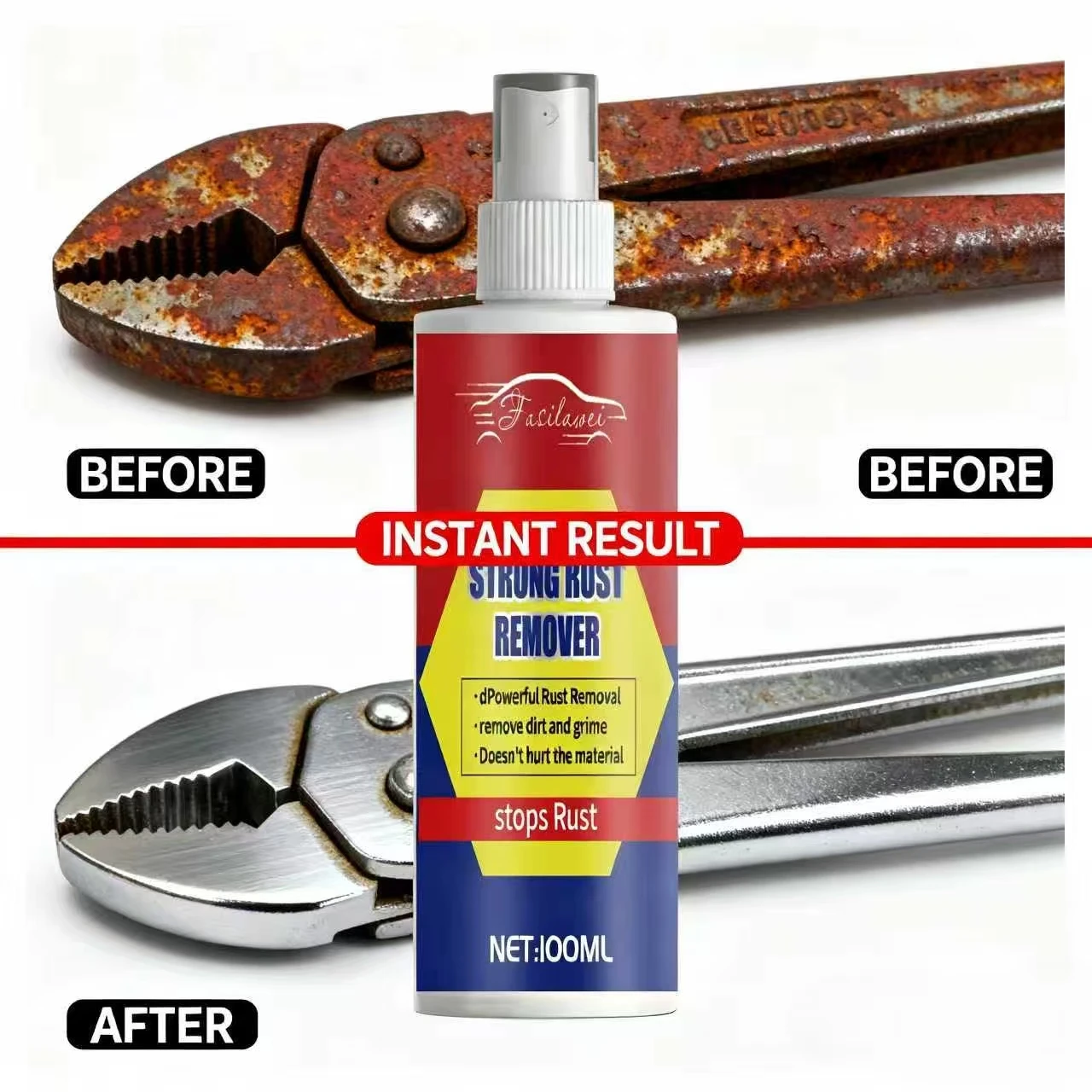 Fasilawi 100ml Strong Rust Remover - Powerful Rust/Dirt Removal, Material-Safe, Stops & Prevents Rust Long-Term for Metal/Car Pa