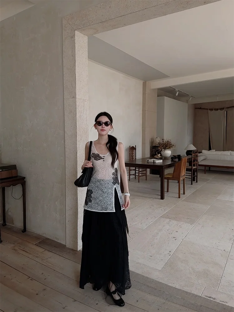 

Комплект из двух предметов Luhe Luuo: хлопковый кружевной топ с разрезом и юбка, повседневный комплект с круглым вырезом для взрослых женщин, летняя одежда