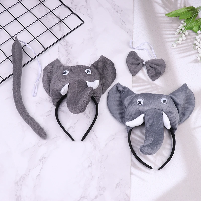 Kids Plush Children Elephant Ears Headband Animal Tie Tail Gift Birthday Party Cosplay Costume Prop